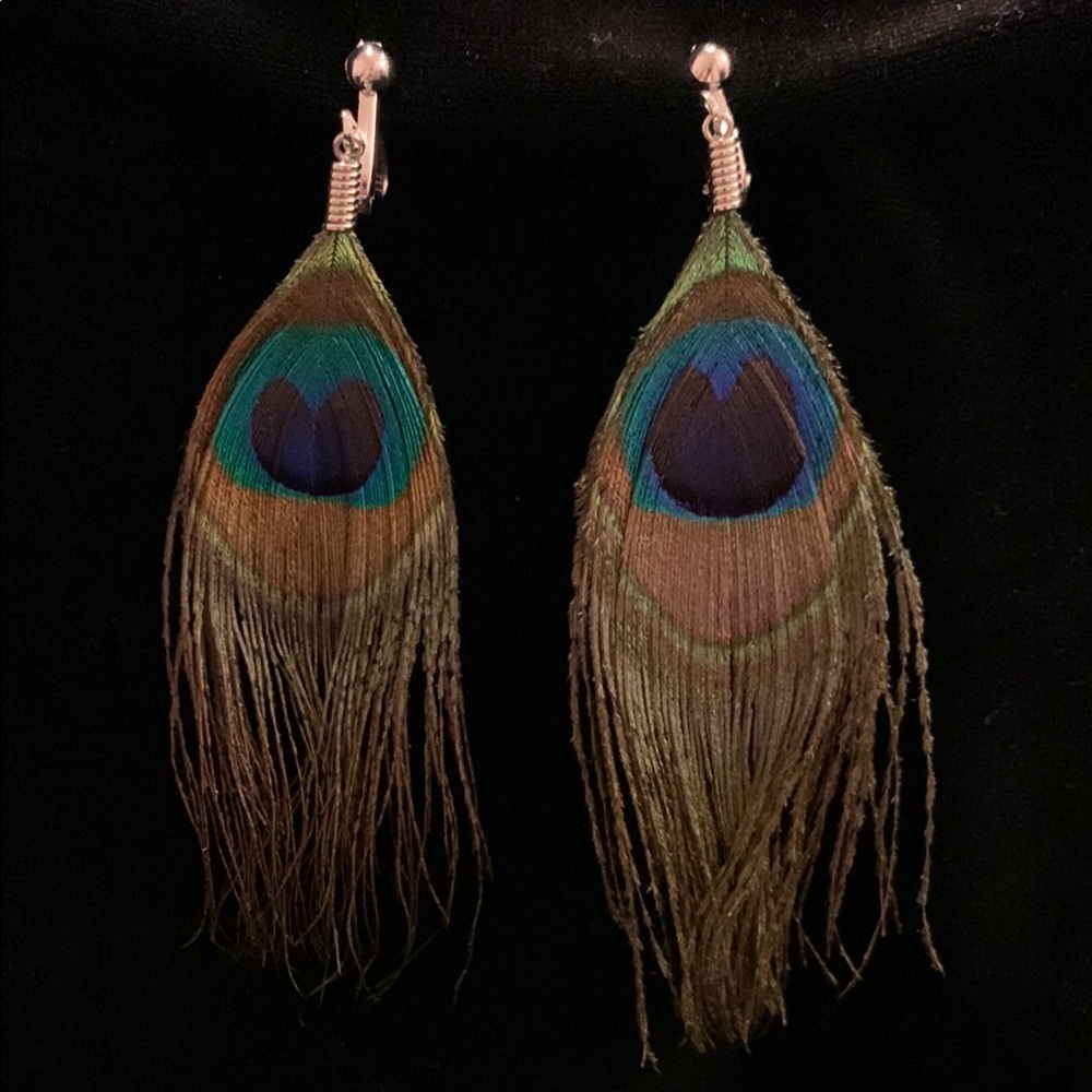 Green and Blue Peacock Feather Earrings with Natural Fringe